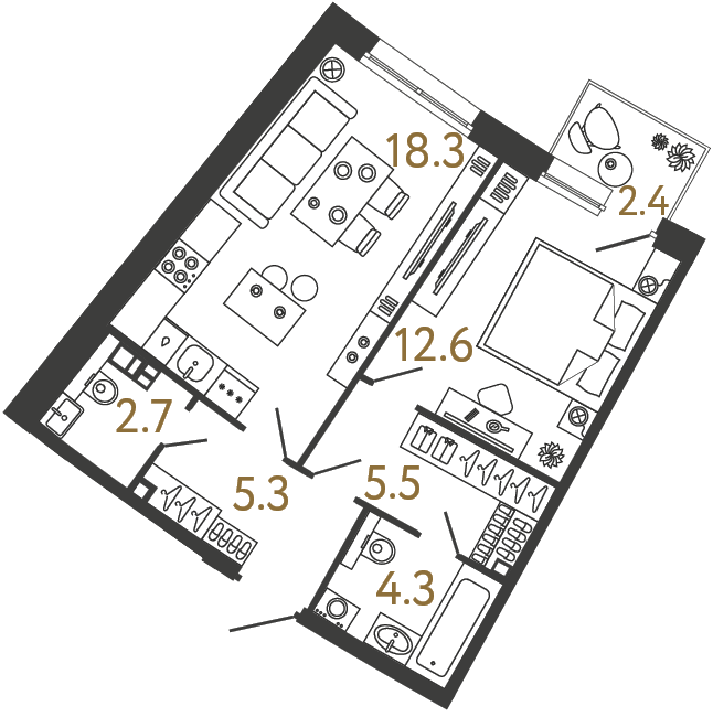 Планировка: 1-комнатная квартира, 48,7 м²