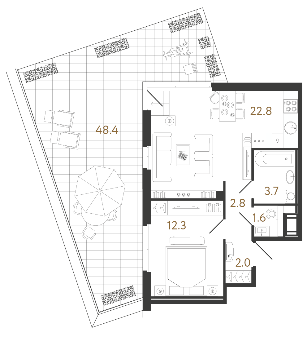 Планировка: 1-комнатная квартира, 45,1 м²