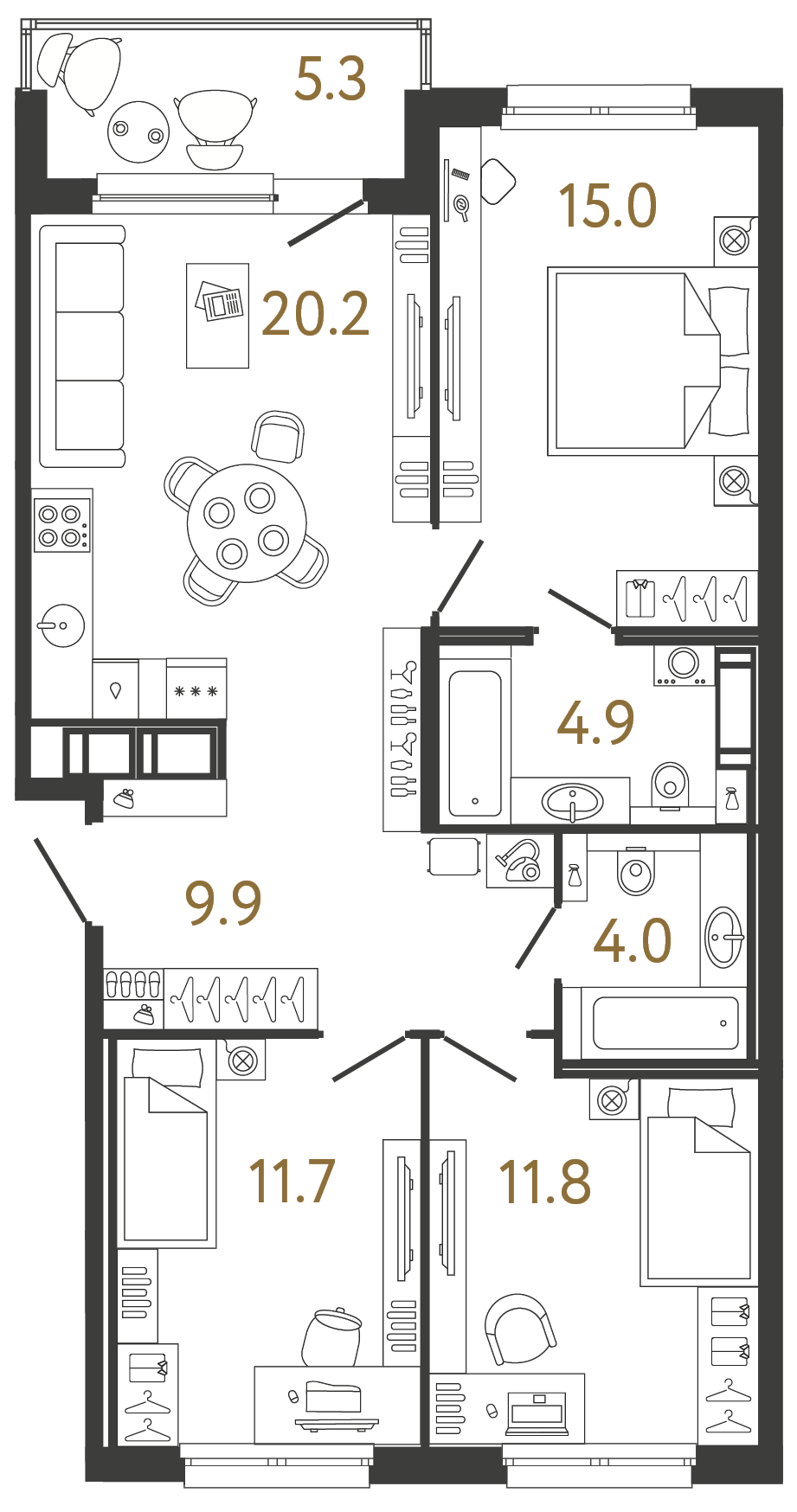 Планировка: 3-комнатная квартира, 77,5 м²