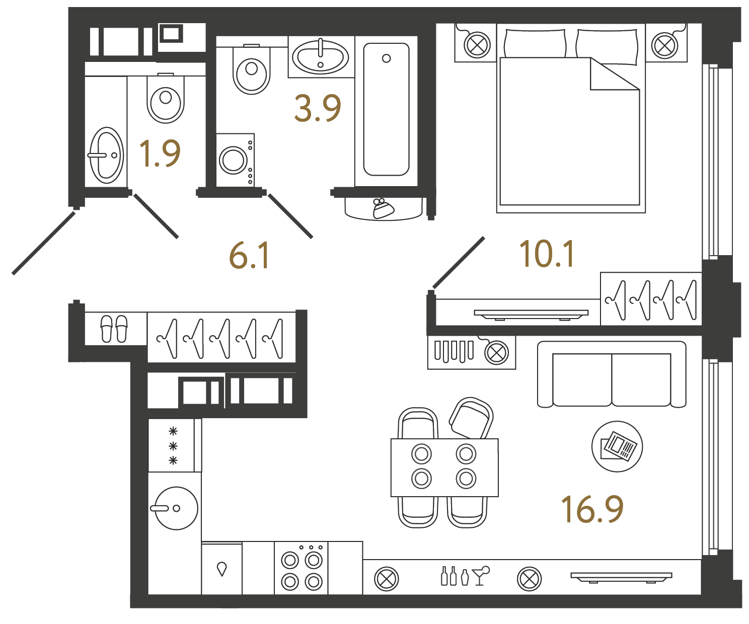 Планировка: 1-комнатная квартира, 38,9 м²