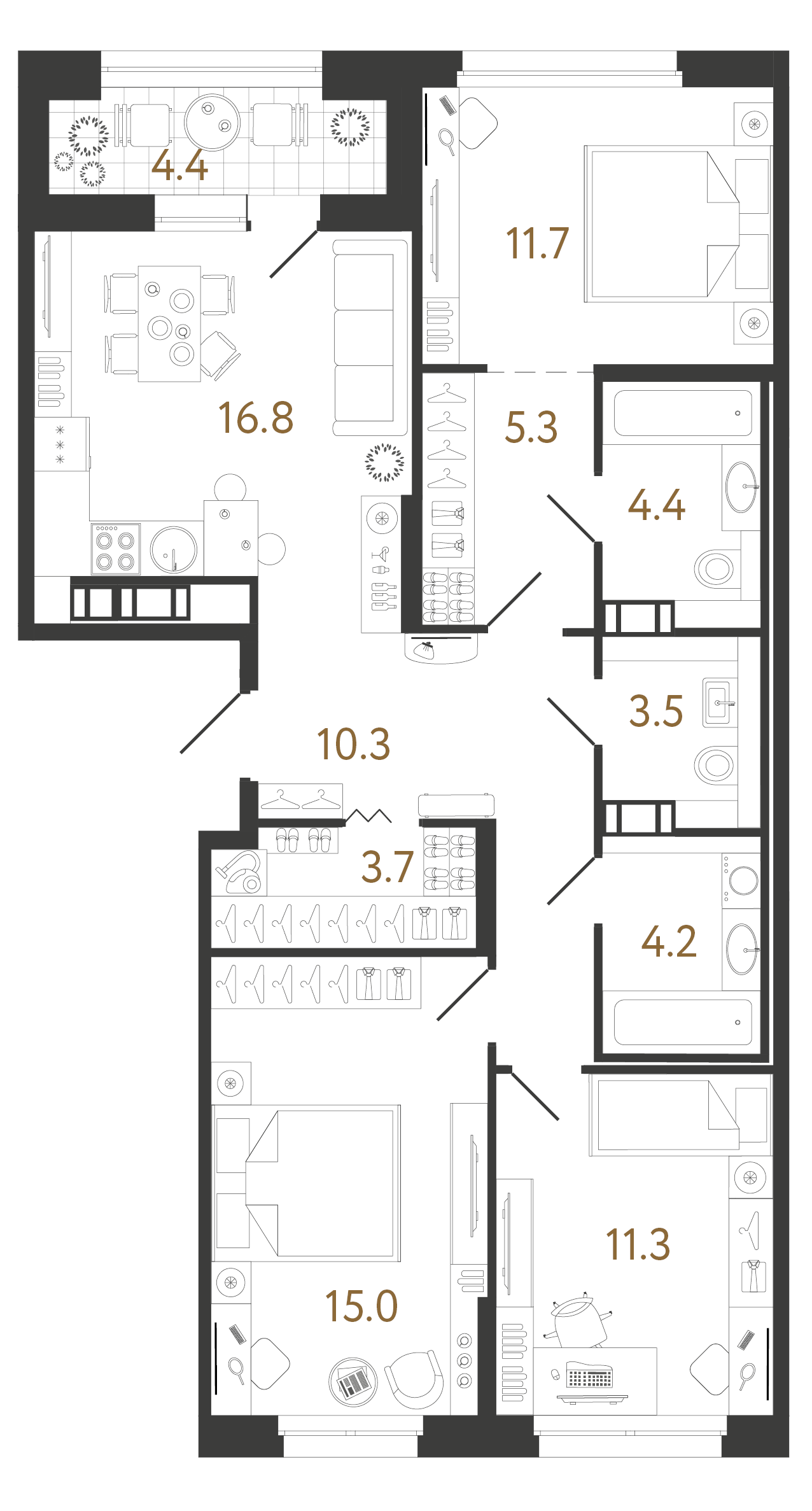 Планировка: 3-комнатная квартира, 86,0 м²