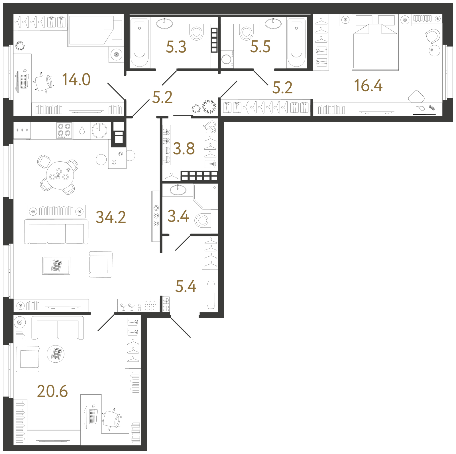 Планировка: 3-комнатная квартира, 119,0 м²