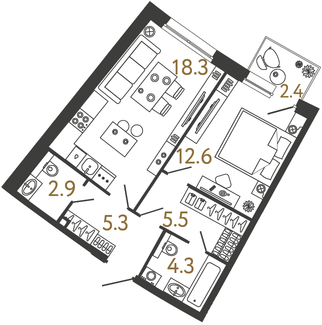 Планировка: 1-комнатная квартира, 48,9 м²