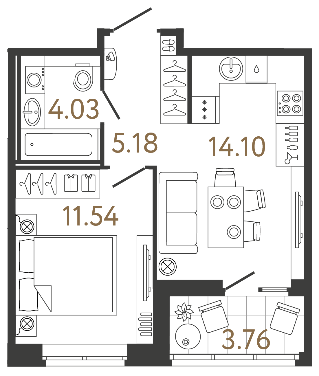 Планировка: 1-комнатная квартира, 34,9 м²