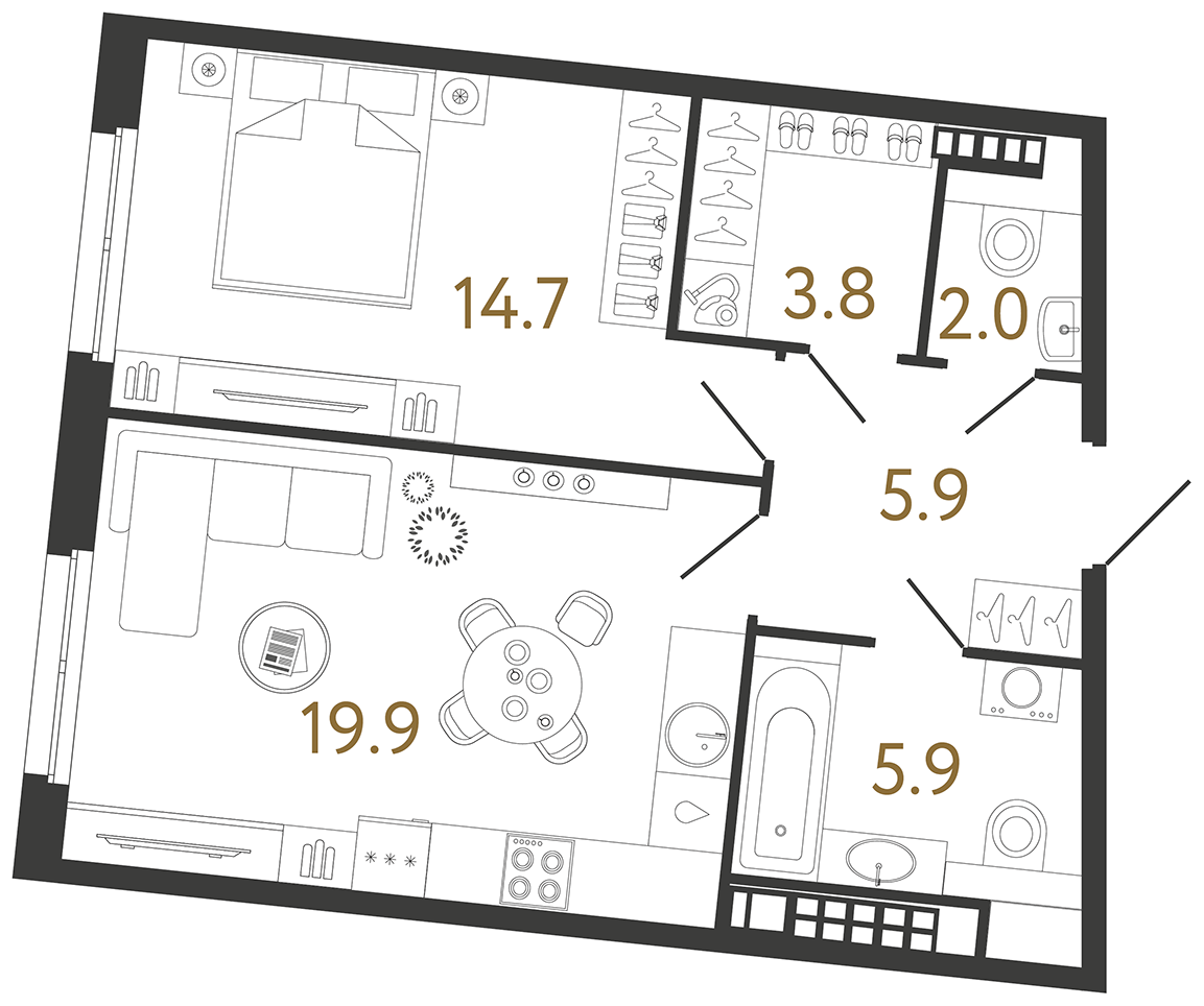 Планировка: 1-комнатная квартира, 52,2 м²