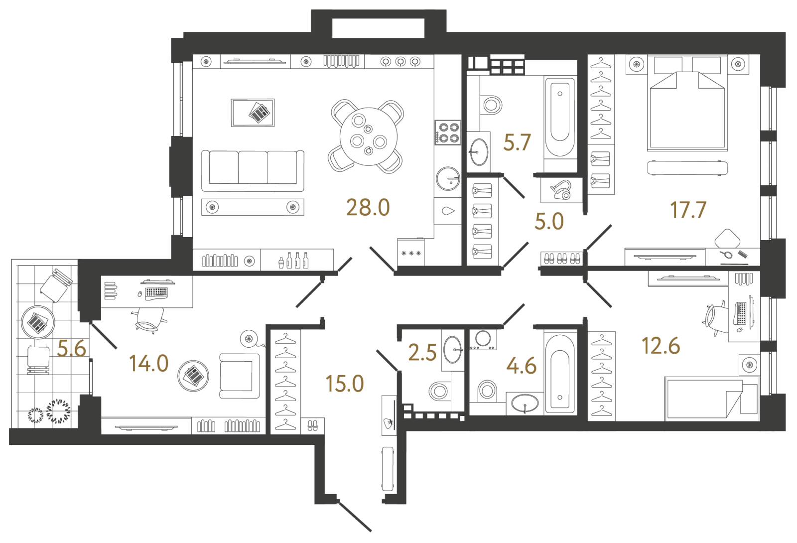 Планировка: 3-комнатная квартира, 105,1 м²