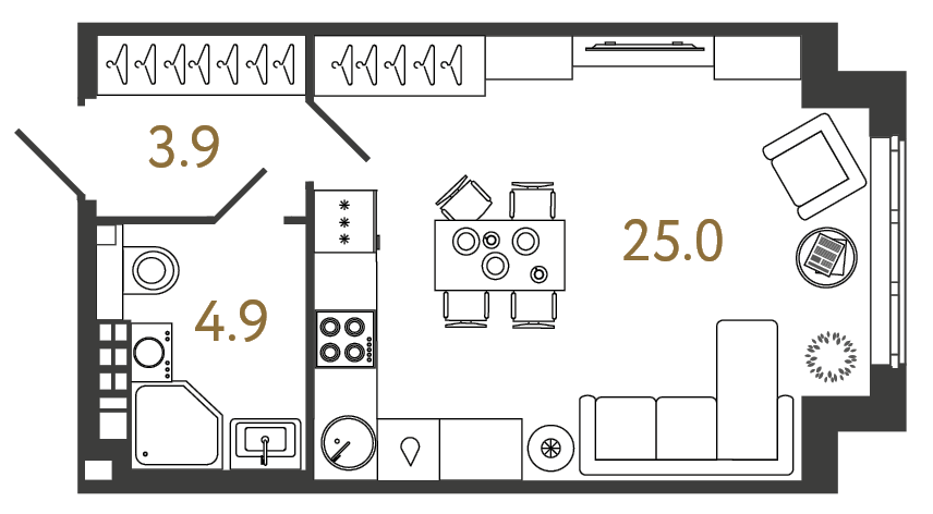 Планировка: студия, 33,8 м²