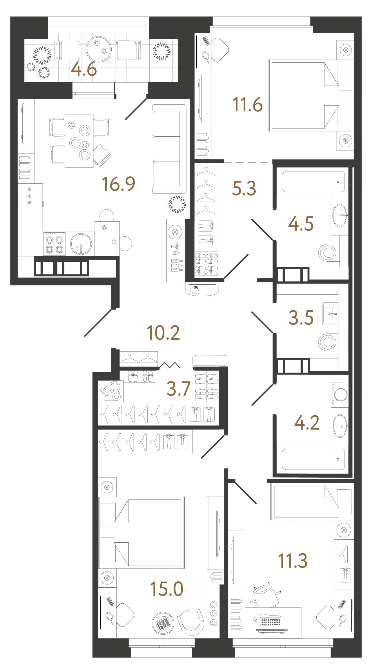 Планировка: 3-комнатная квартира, 86,2 м²