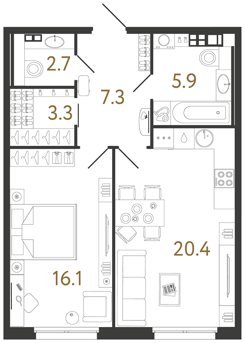 Планировка: 1-комнатная квартира, 55,7 м²