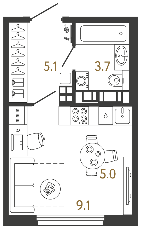 Планировка: студия, 22,9 м²