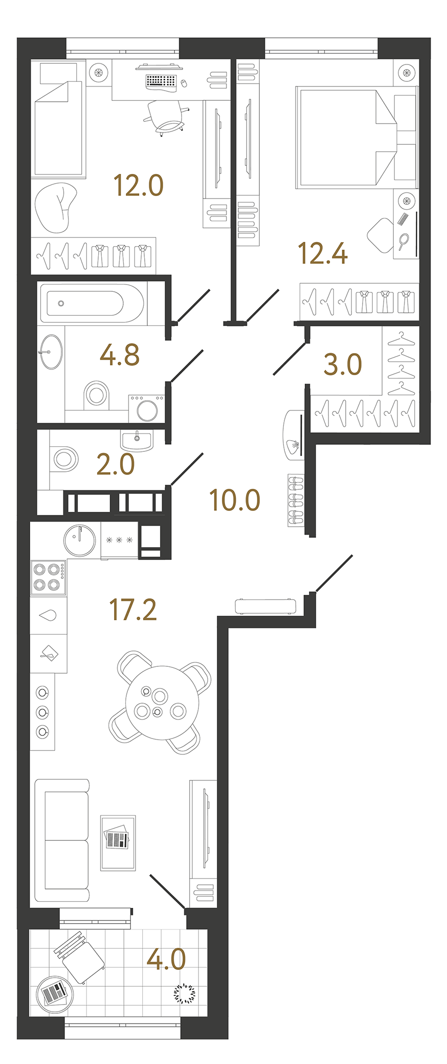 Планировка: 2-комнатная квартира, 61,4 м²