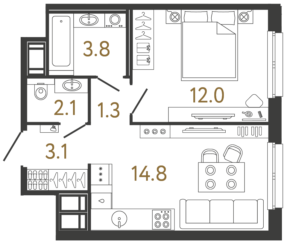 Планировка: 1-комнатная квартира, 37,1 м²