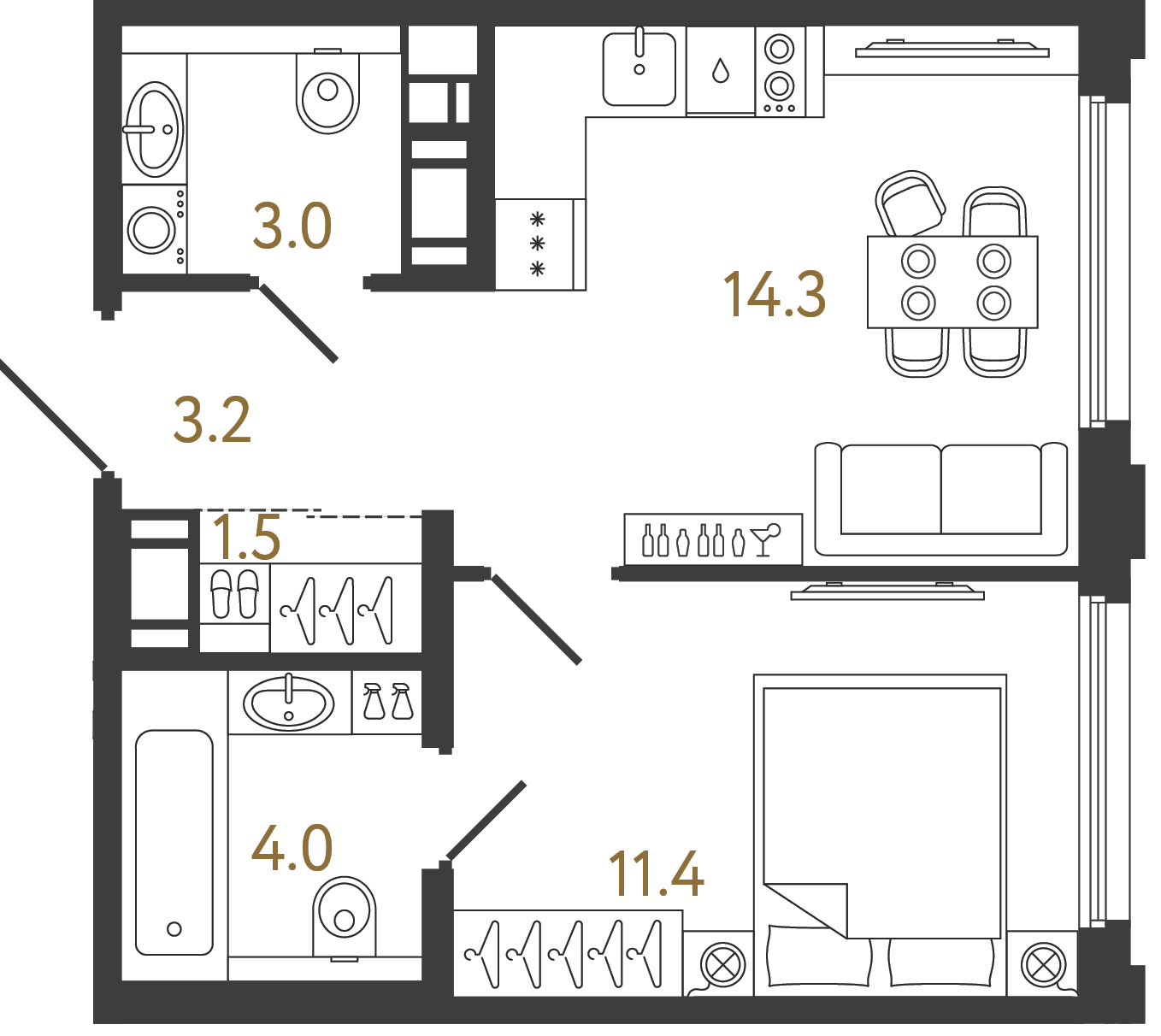 Планировка: 1-комнатная квартира, 37,4 м²