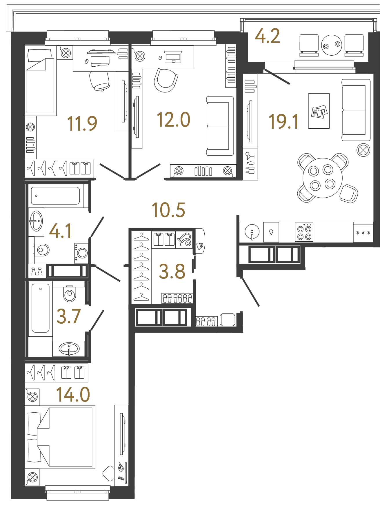 Планировка: 3-комнатная квартира, 79,1 м²