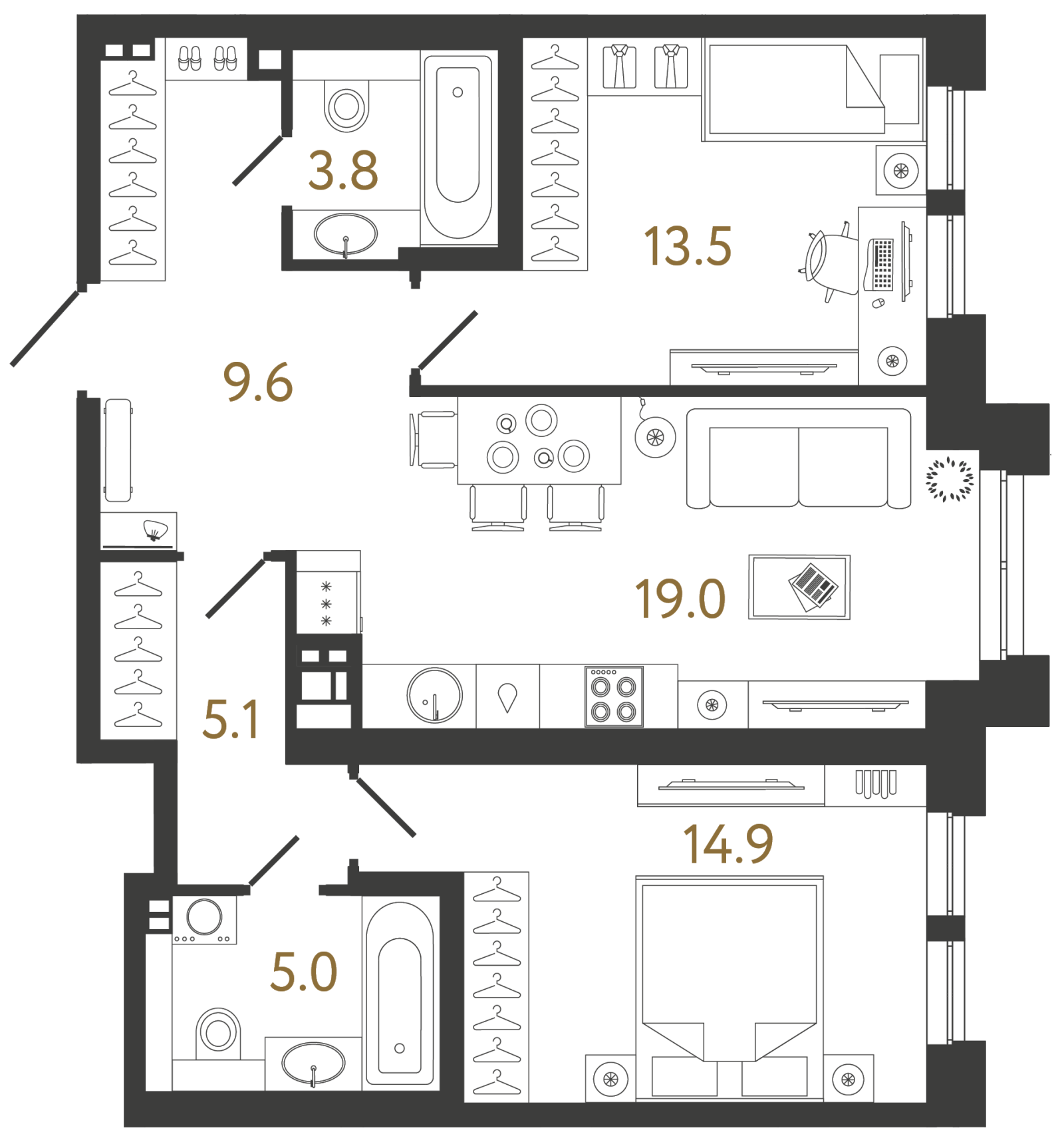 Планировка: 2-комнатная квартира, 70,9 м²