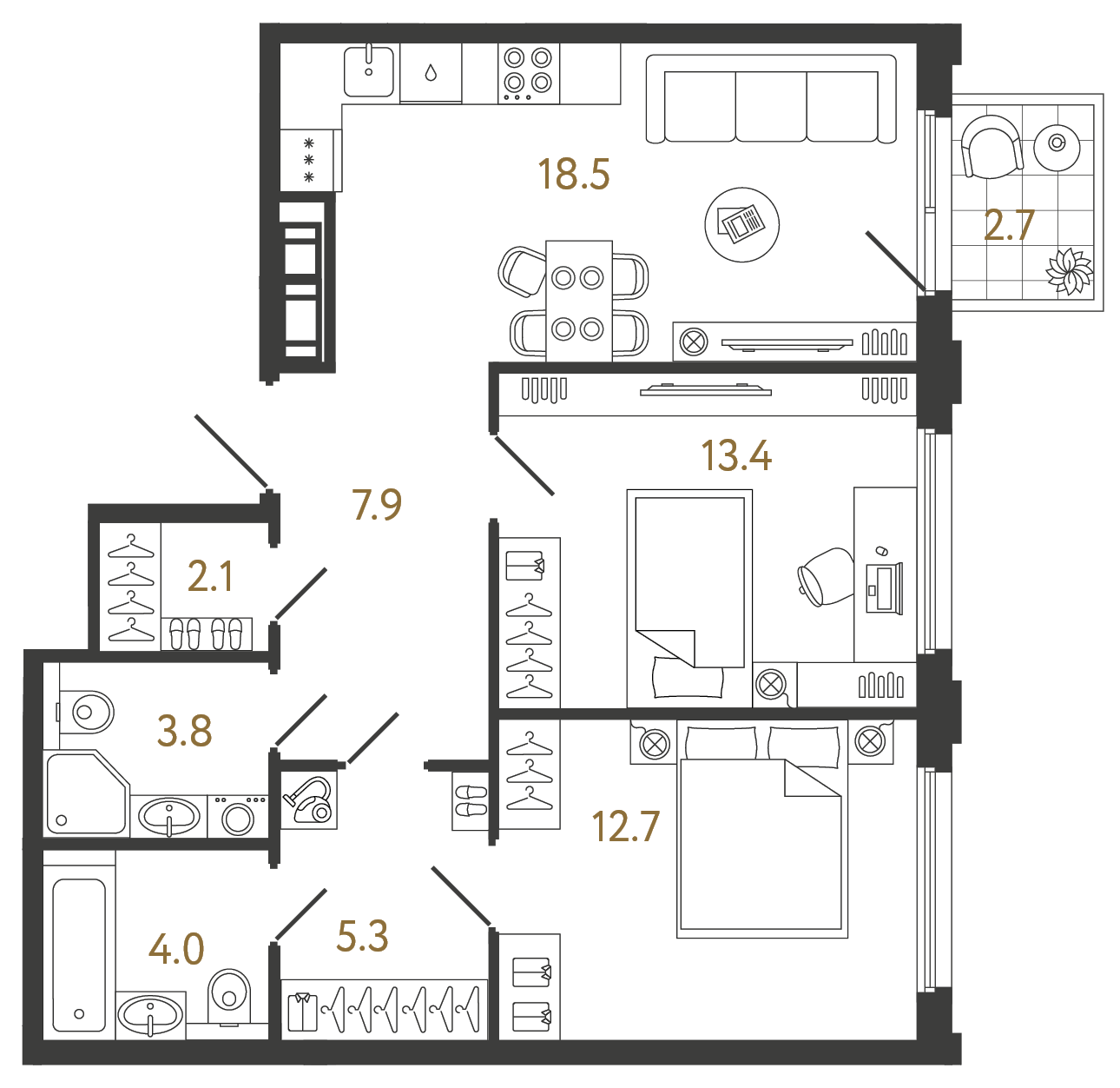 Планировка: 2-комнатная квартира, 67,7 м²