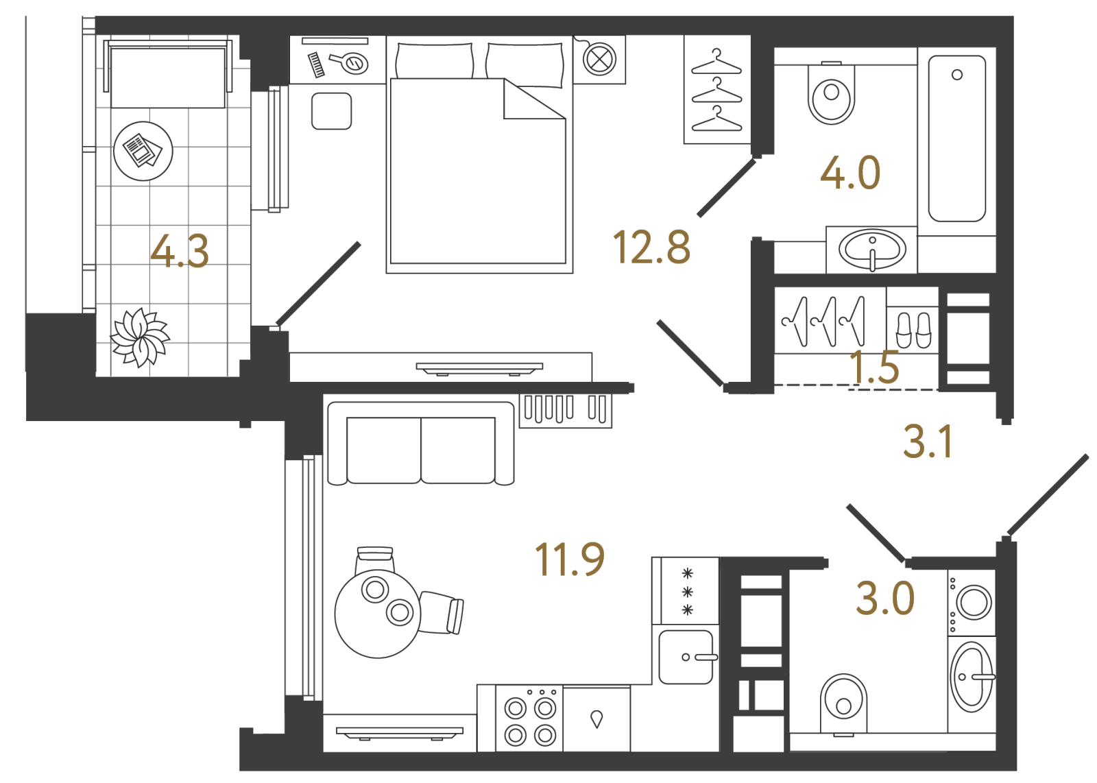 Планировка: 1-комнатная квартира, 36,3 м²