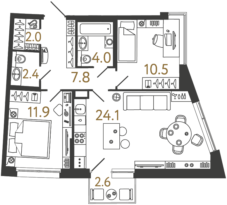 Планировка: 2-комнатная квартира, 62,7 м²