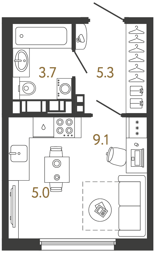 Планировка: студия, 23,1 м²