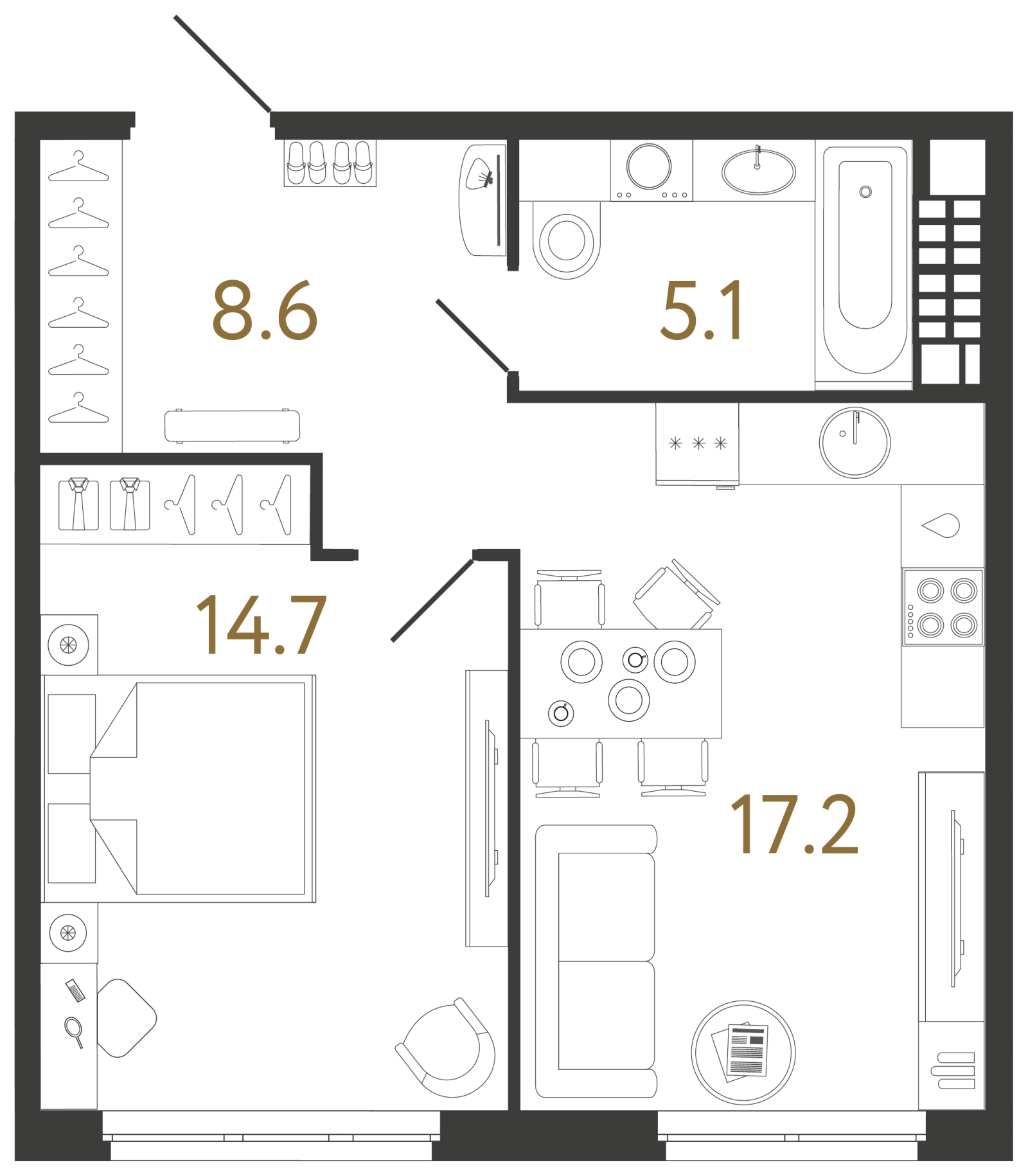 Планировка: 1-комнатная квартира, 45,6 м²