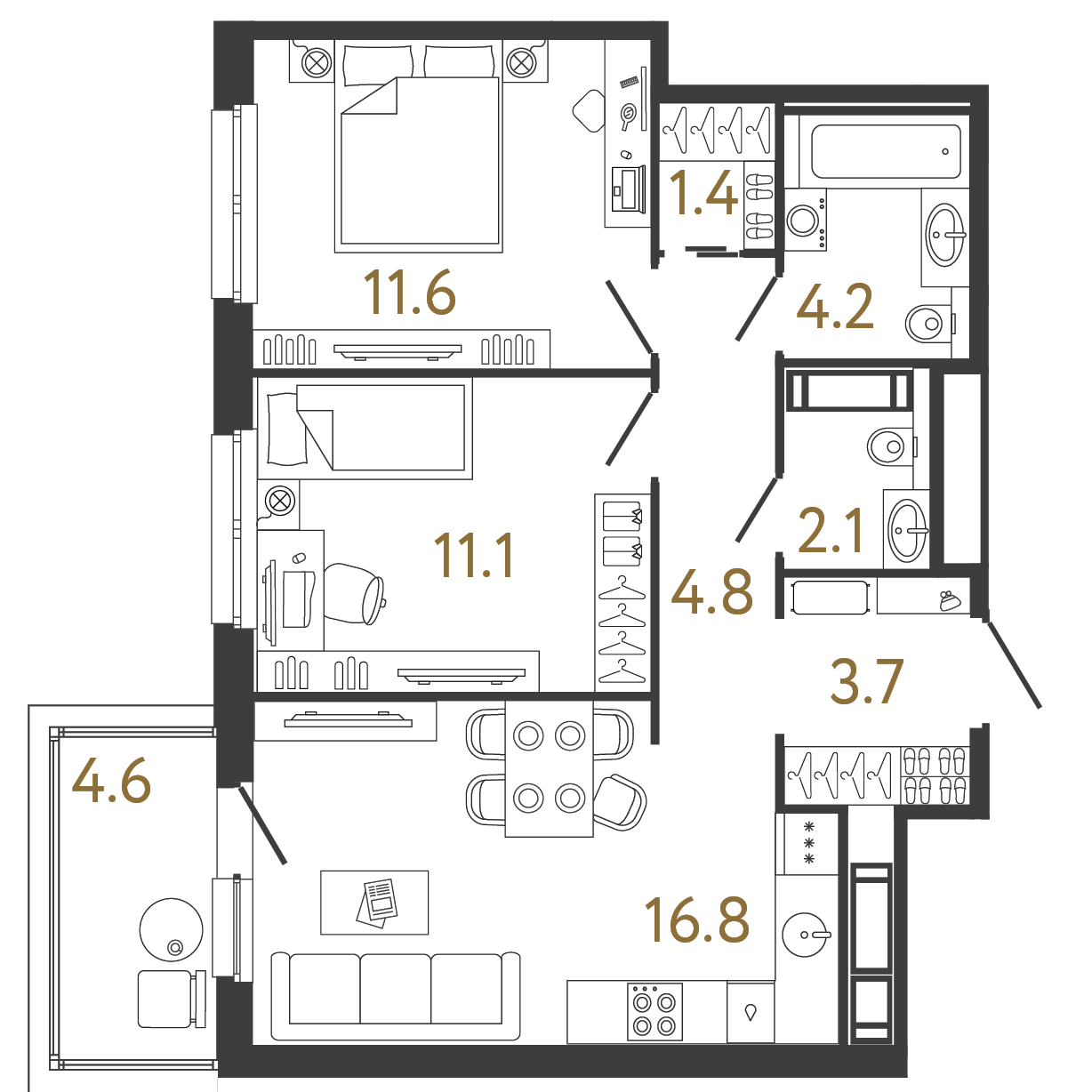Планировка: 2-комнатная квартира, 55,7 м²