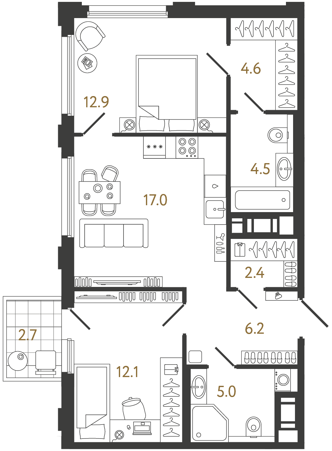 Планировка: 2-комнатная квартира, 64,7 м²