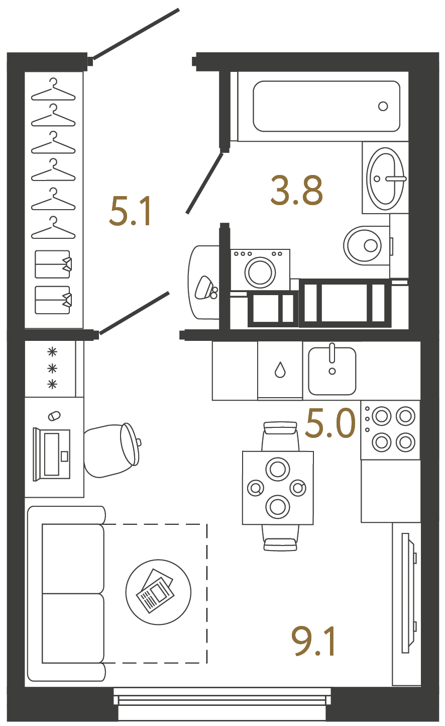 Планировка: студия, 23,0 м²