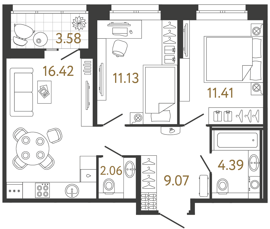 Планировка: 2-комнатная квартира, 54,5 м²