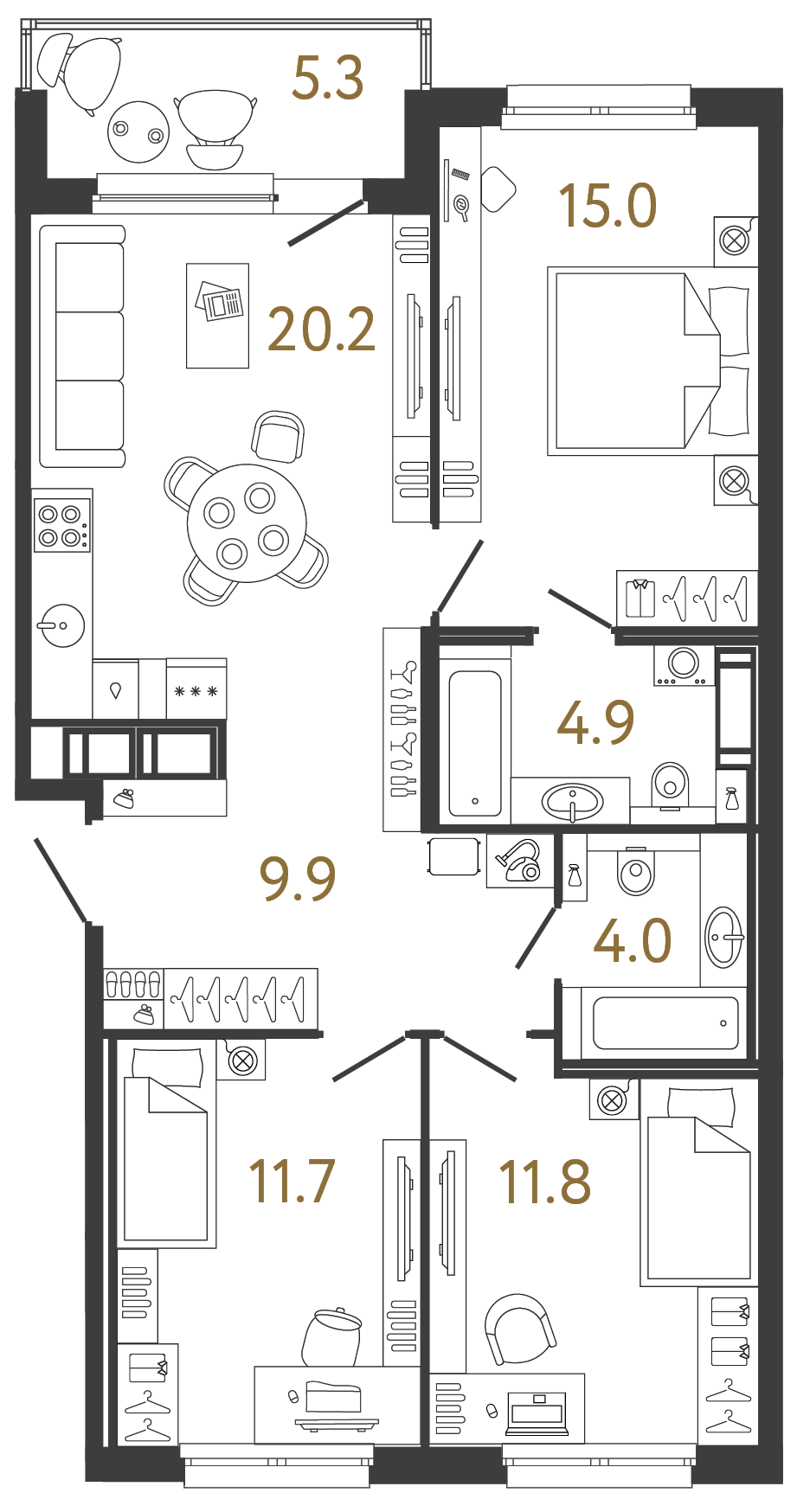 Планировка: 3-комнатная квартира, 77,5 м²