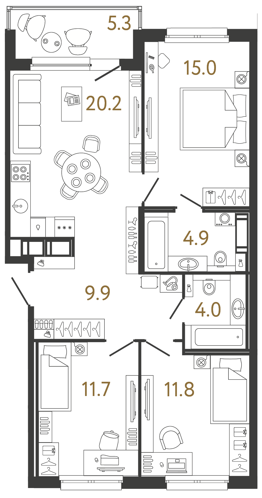 Планировка: 3-комнатная квартира, 77,5 м²