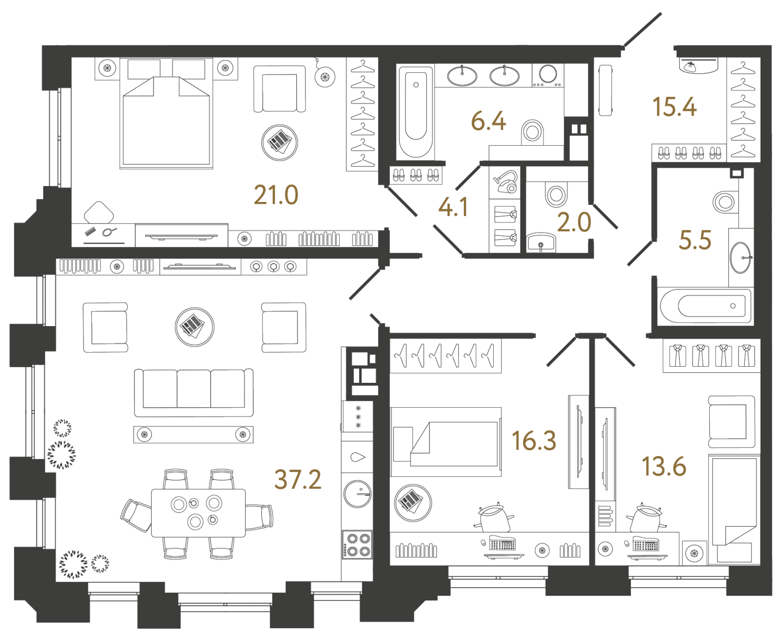 Планировка: 3-комнатная квартира, 121,5 м²