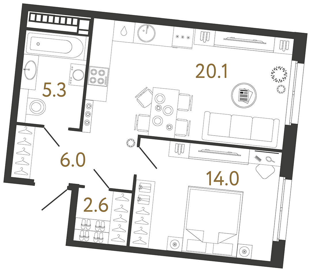 Планировка: 1-комнатная квартира, 48,0 м²