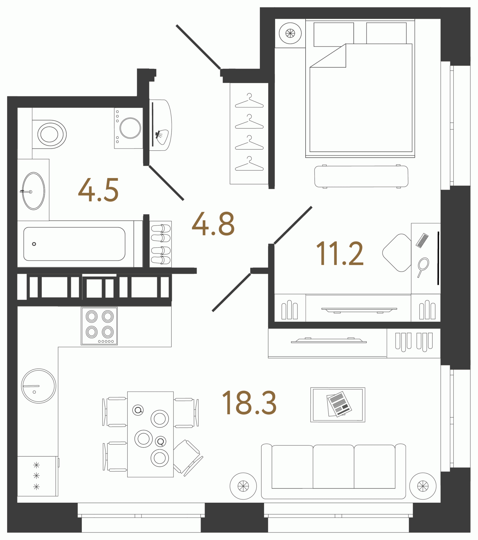 Планировка: 1-комнатная квартира, 38,3 м²