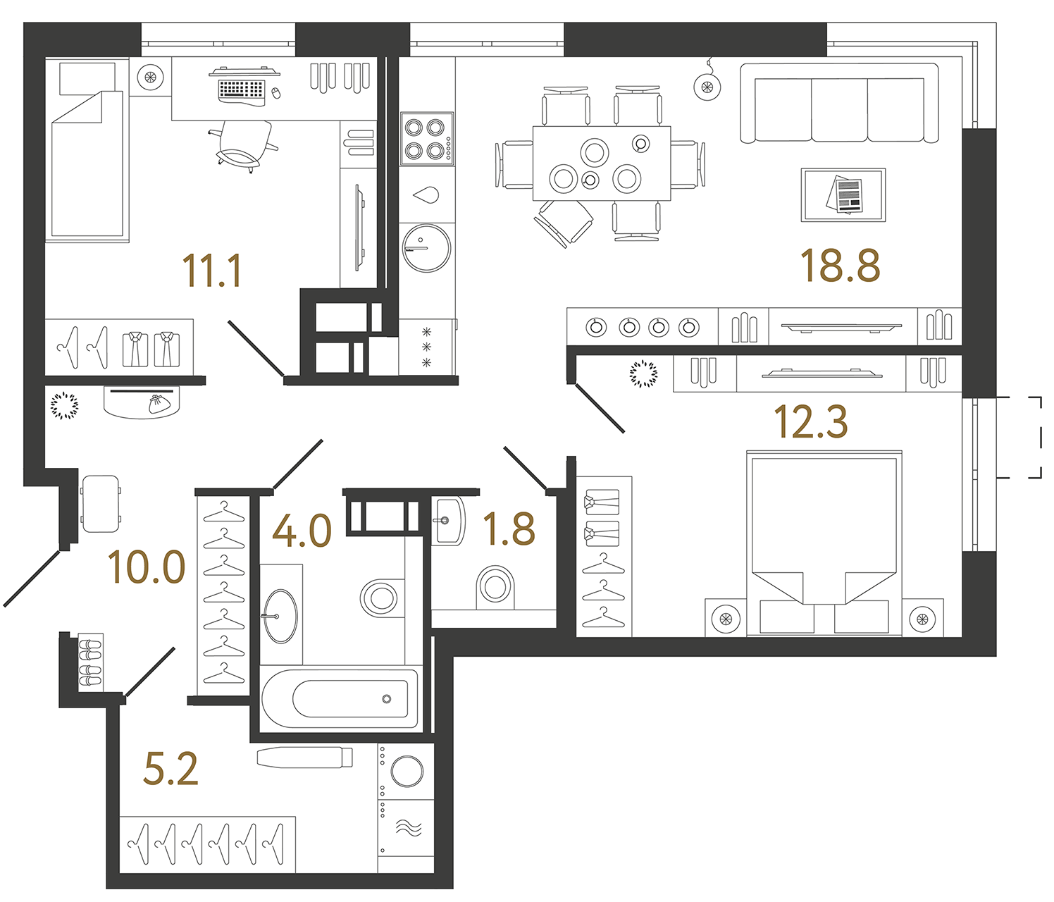 Планировка: 2-комнатная квартира, 63,2 м²