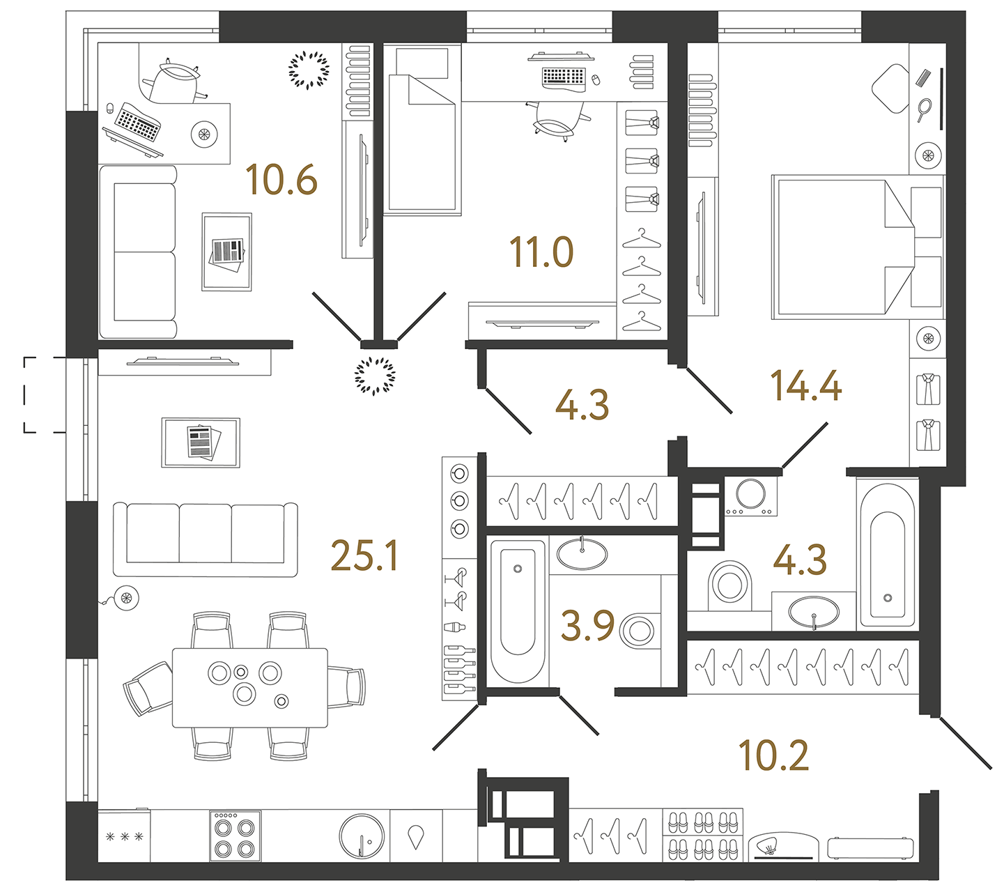 Планировка: 3-комнатная квартира, 83,8 м²