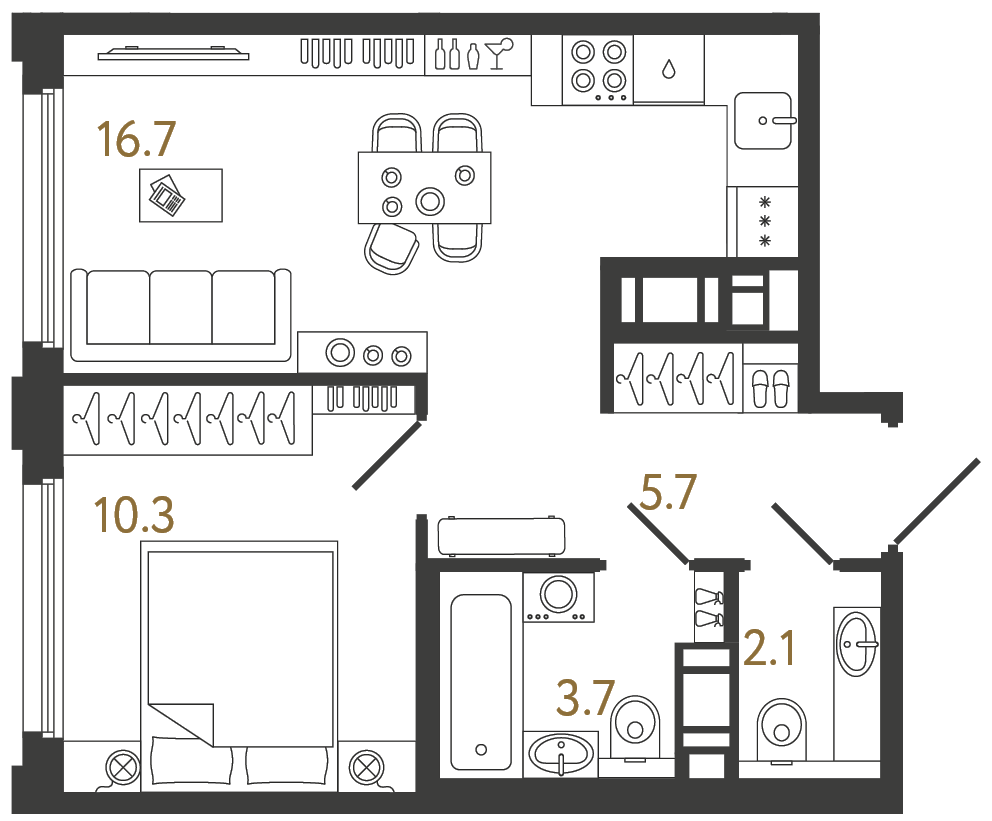 Планировка: 1-комнатная квартира, 38,5 м²