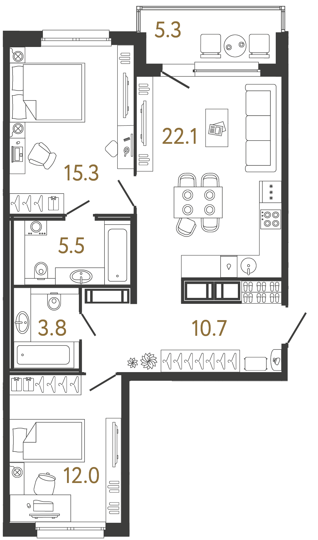 Планировка: 2-комнатная квартира, 69,4 м²