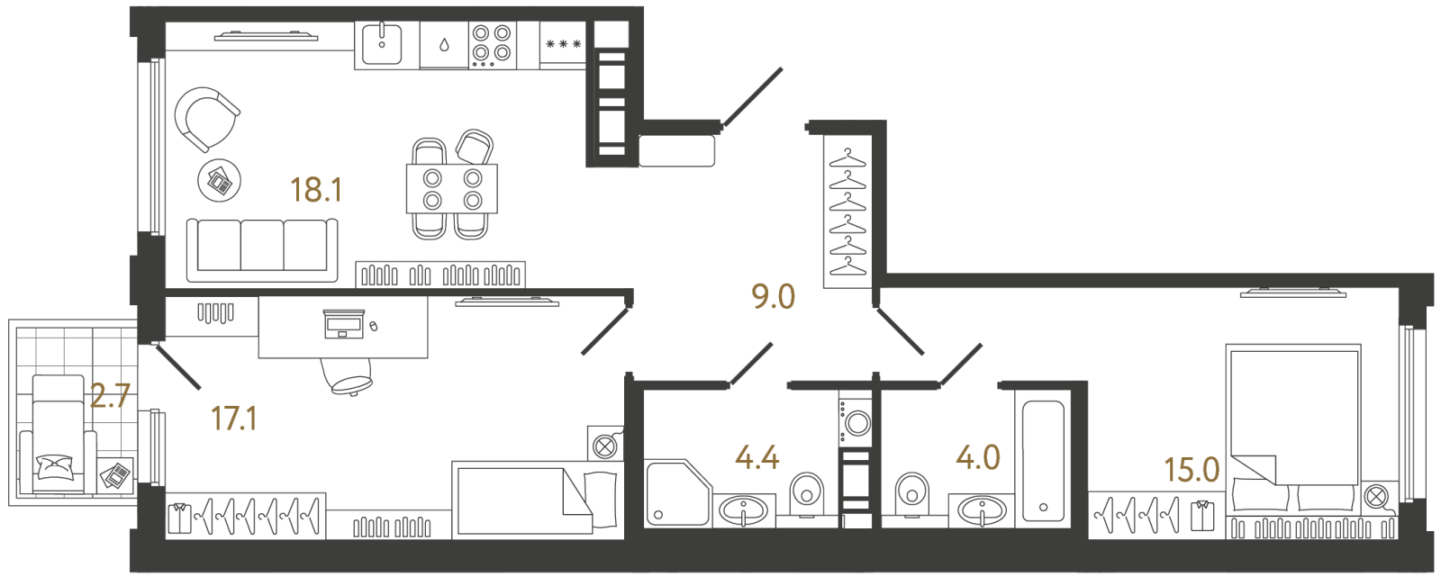 Планировка: 2-комнатная квартира, 67,6 м²