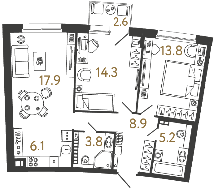 Планировка: 2-комнатная квартира, 70,0 м²