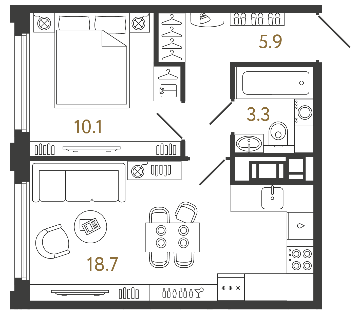 Планировка: 1-комнатная квартира, 38,0 м²