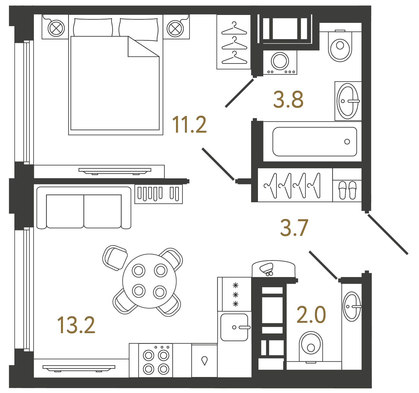 Планировка: 1-комнатная квартира, 33,9 м²