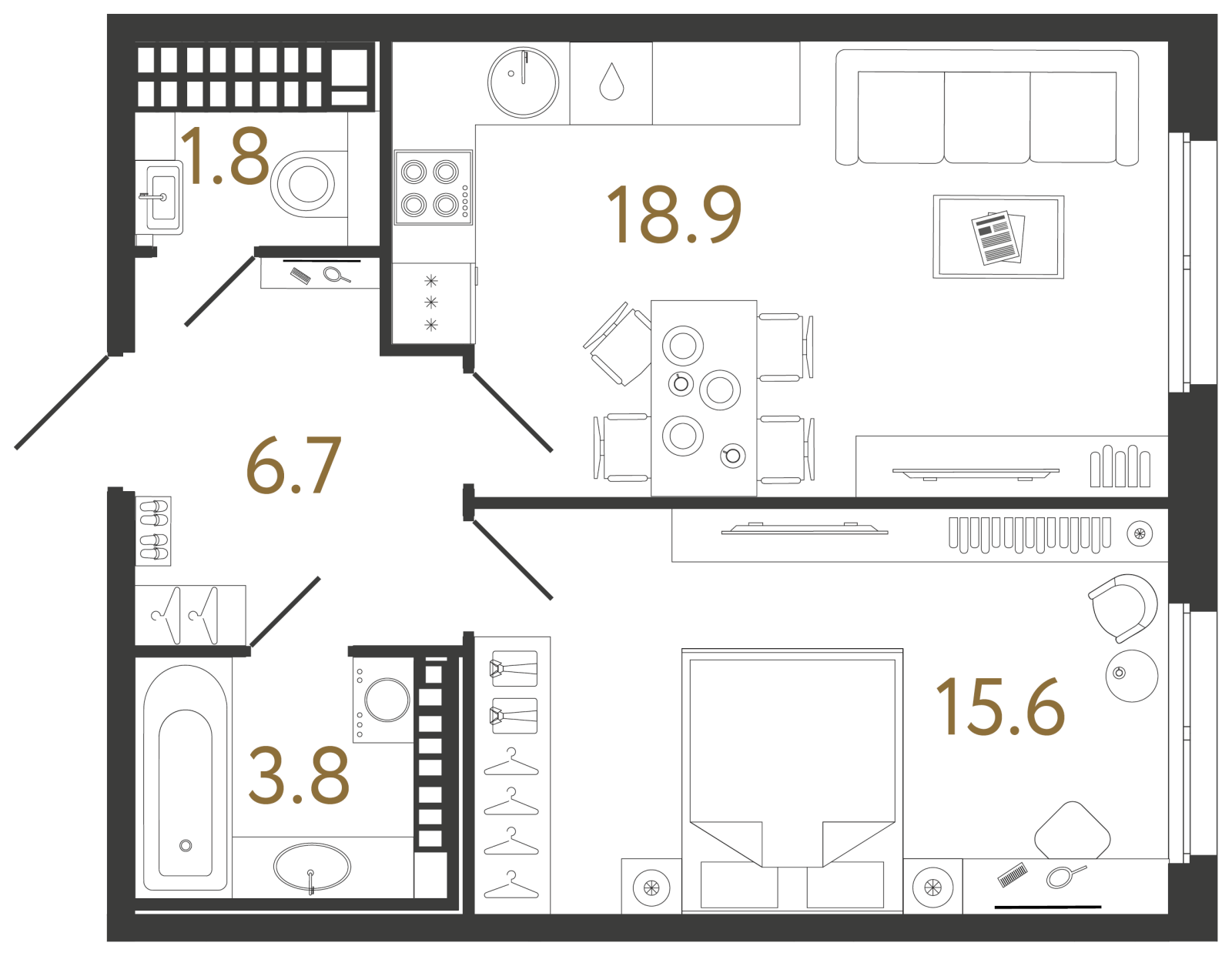 Планировка: 1-комнатная квартира, 46,8 м²