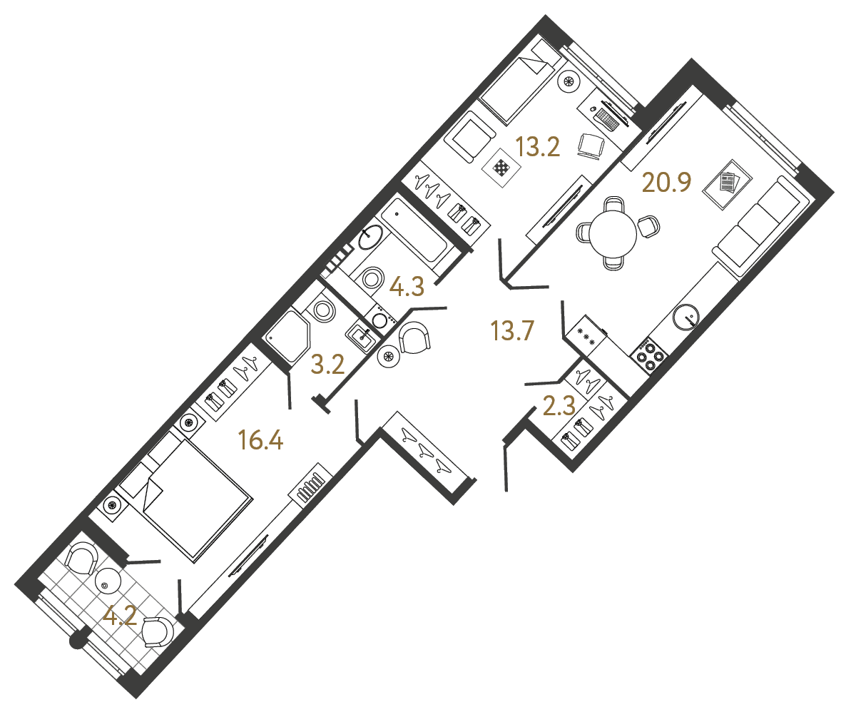 Планировка: 2-комнатная квартира, 74,0 м²