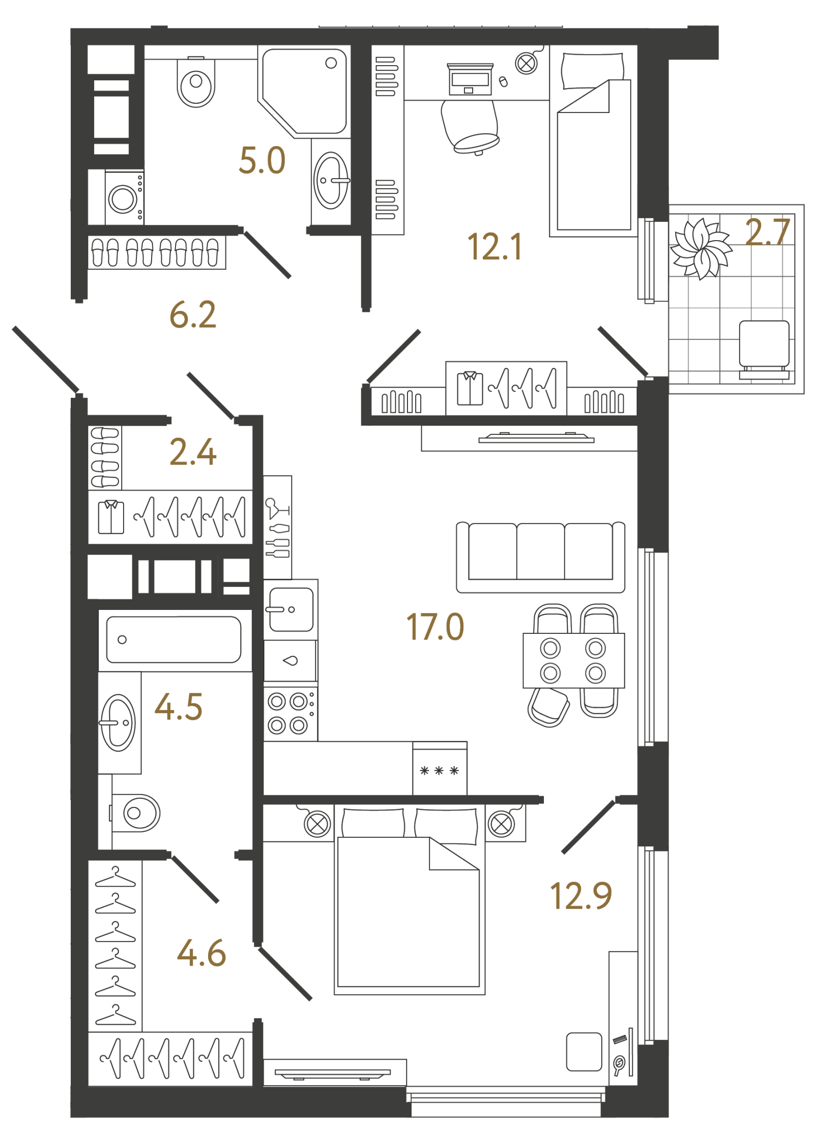 Планировка: 2-комнатная квартира, 64,7 м²