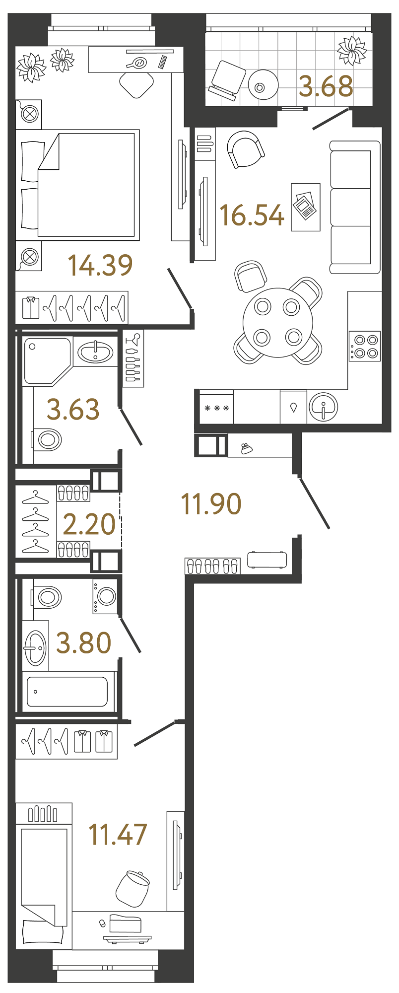 Планировка: 2-комнатная квартира, 63,9 м²