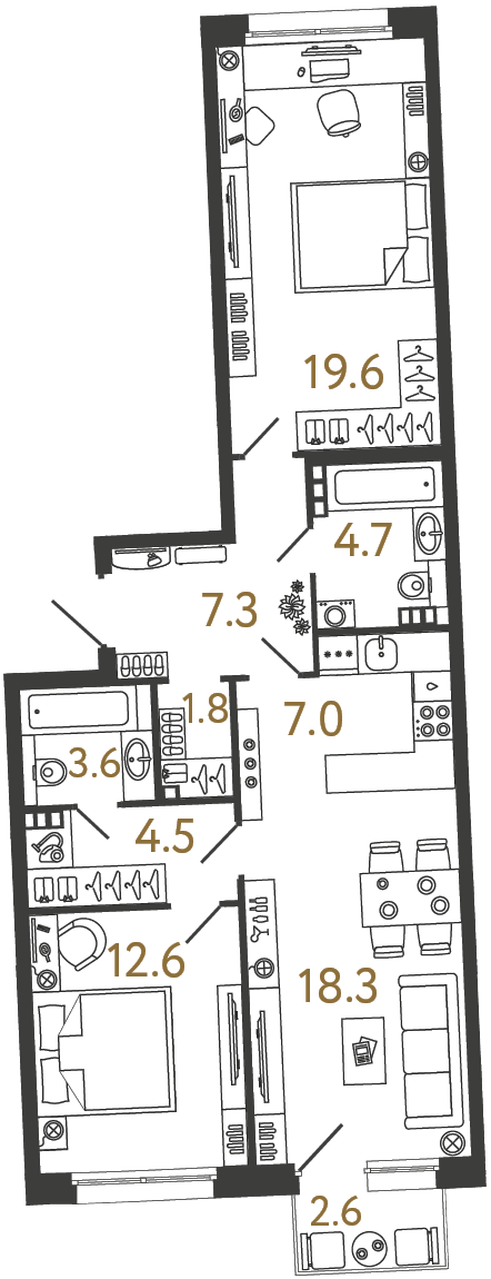 Планировка: 2-комнатная квартира, 79,4 м²