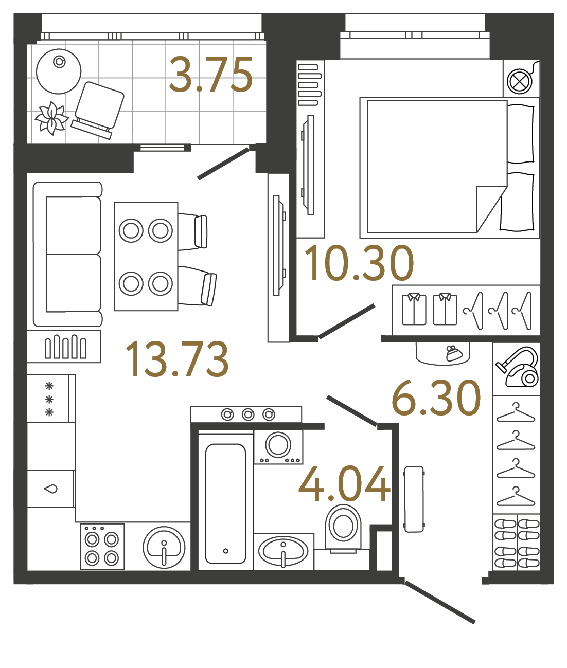 Планировка: 1-комнатная квартира, 34,4 м²