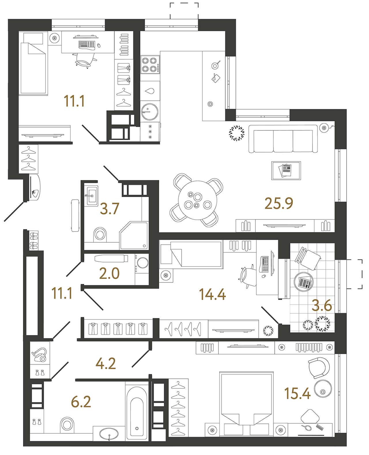 Планировка: 3-комнатная квартира, 94,0 м²
