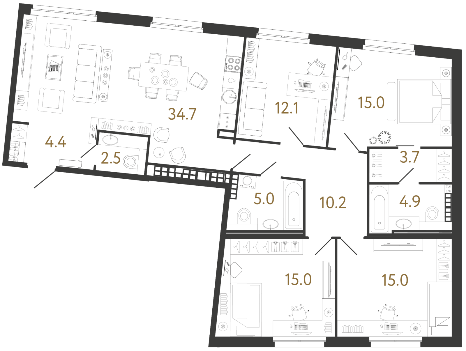 Планировка: 4-комнатная квартира, 122,5 м²