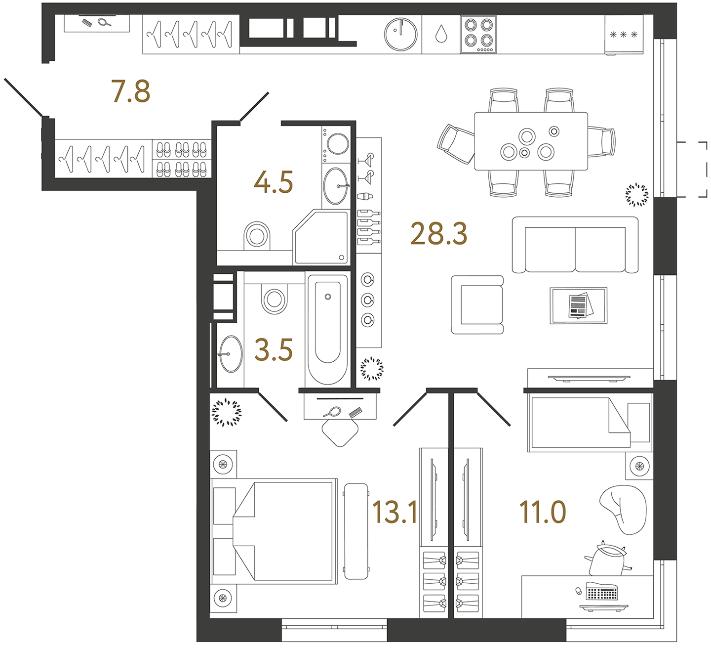 Планировка: 2-комнатная квартира, 68,2 м²